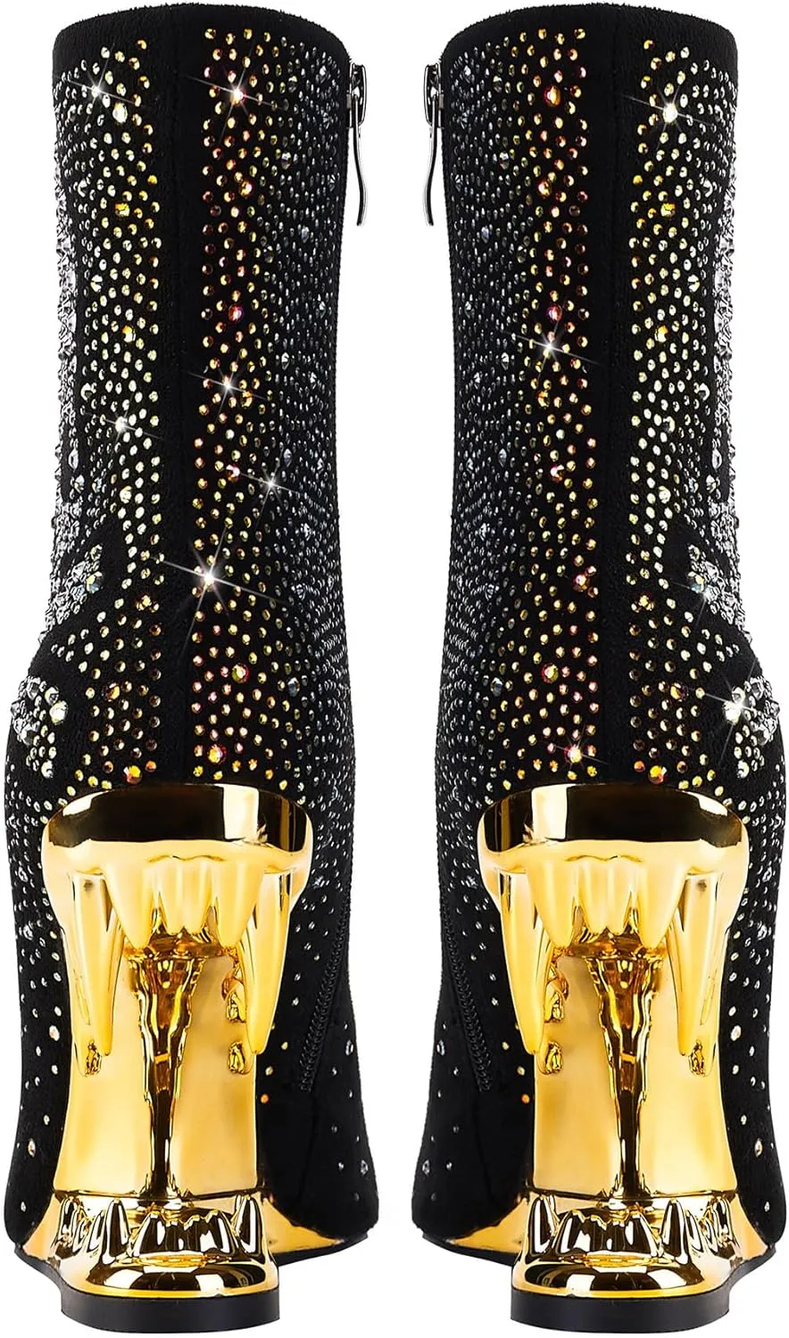 Rhinestone Sparkling Ankle Boots for Women Flame Shark Teeth Heel Booties Tiger Tooth High Heeled Glitter Boots
