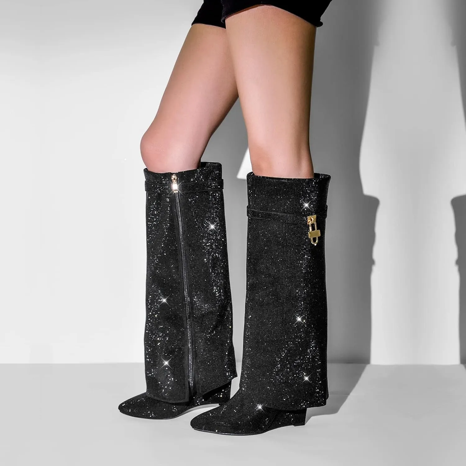 richealnini Fold Over Knee High Heel Boots for Women Pull On Block Heeled Long Booties