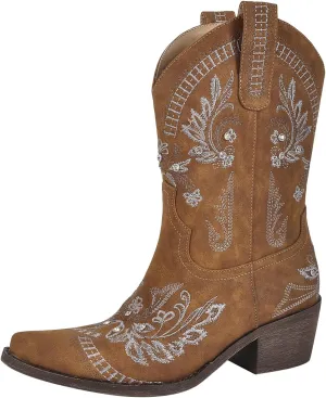 richealnini Sparkle Embroidered Rhinestone Cowboy Cowgirl Boots Pull-On Tab Ankle Boots with Side Zippers