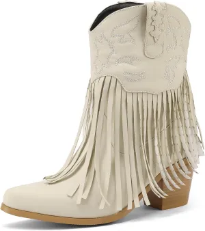 Roimaash Fashion Cowgirl Boots Ankle High Fringe Cowboy Boots Embroidery Pull On