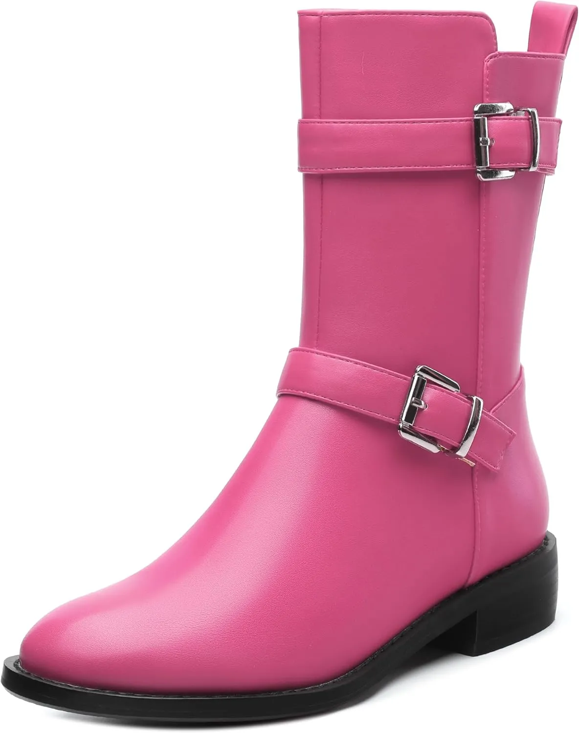 ROSERWISH Mid Calf Boots for Women Riding Ankle Boots Round Toe Low Chunky Heel Short Boots Fashion Fall Winter Combat Booties Buckle Style Dress Boots with Zipper