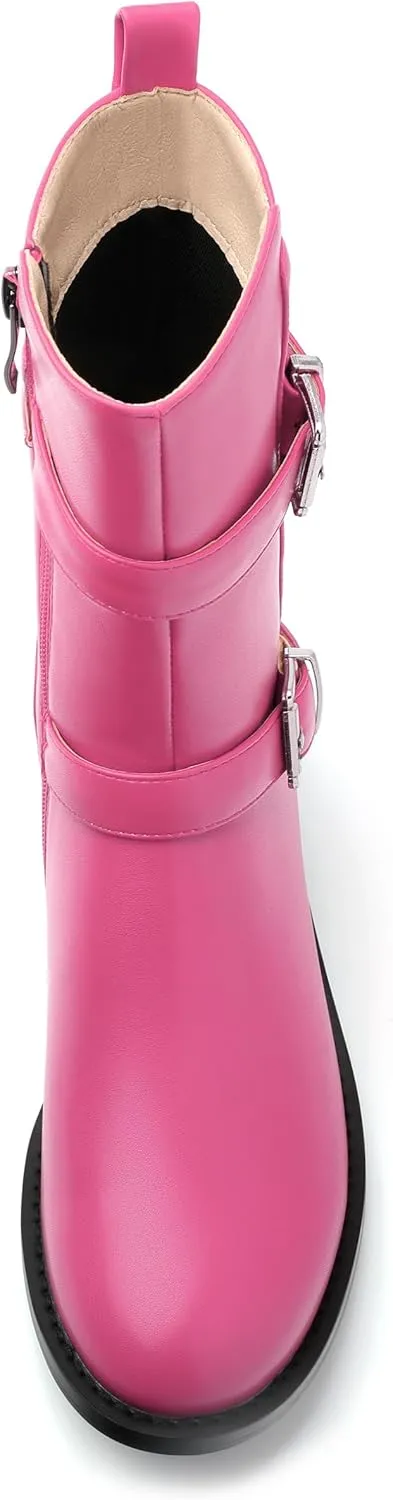 ROSERWISH Mid Calf Boots for Women Riding Ankle Boots Round Toe Low Chunky Heel Short Boots Fashion Fall Winter Combat Booties Buckle Style Dress Boots with Zipper