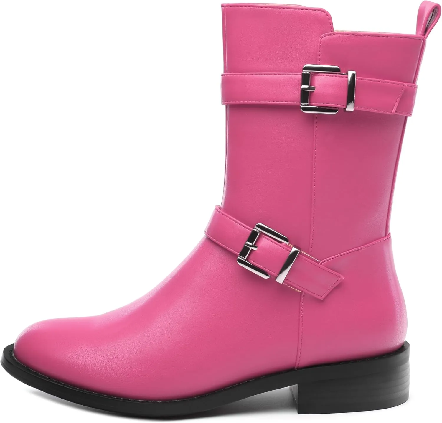 ROSERWISH Mid Calf Boots for Women Riding Ankle Boots Round Toe Low Chunky Heel Short Boots Fashion Fall Winter Combat Booties Buckle Style Dress Boots with Zipper