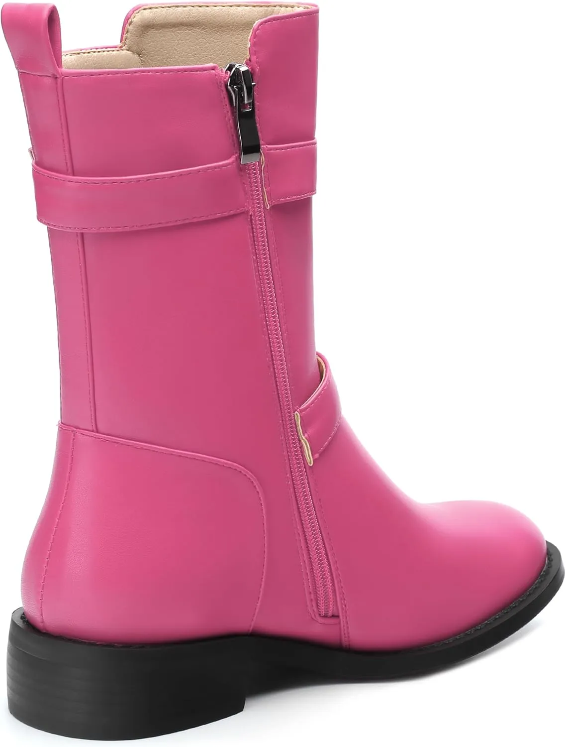 ROSERWISH Mid Calf Boots for Women Riding Ankle Boots Round Toe Low Chunky Heel Short Boots Fashion Fall Winter Combat Booties Buckle Style Dress Boots with Zipper