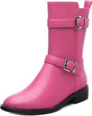 ROSERWISH Mid Calf Boots for Women Riding Ankle Boots Round Toe Low Chunky Heel Short Boots Fashion Fall Winter Combat Booties Buckle Style Dress Boots with Zipper