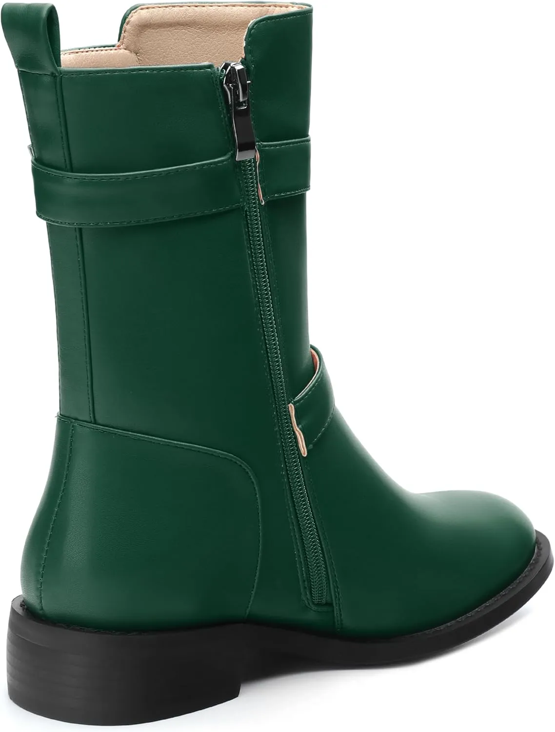 ROSERWISH Mid Calf Boots for Women Riding Ankle Boots Round Toe Low Chunky Heel Short Boots Fashion Fall Winter Combat Booties Buckle Style Dress Boots with Zipper