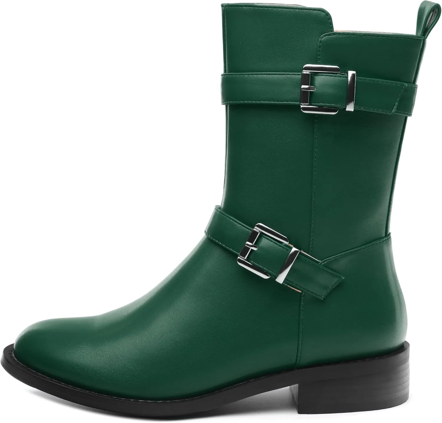 ROSERWISH Mid Calf Boots for Women Riding Ankle Boots Round Toe Low Chunky Heel Short Boots Fashion Fall Winter Combat Booties Buckle Style Dress Boots with Zipper
