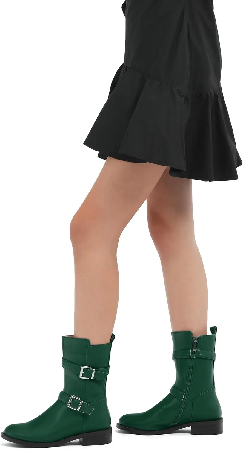 ROSERWISH Mid Calf Boots for Women Riding Ankle Boots Round Toe Low Chunky Heel Short Boots Fashion Fall Winter Combat Booties Buckle Style Dress Boots with Zipper