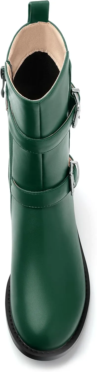 ROSERWISH Mid Calf Boots for Women Riding Ankle Boots Round Toe Low Chunky Heel Short Boots Fashion Fall Winter Combat Booties Buckle Style Dress Boots with Zipper
