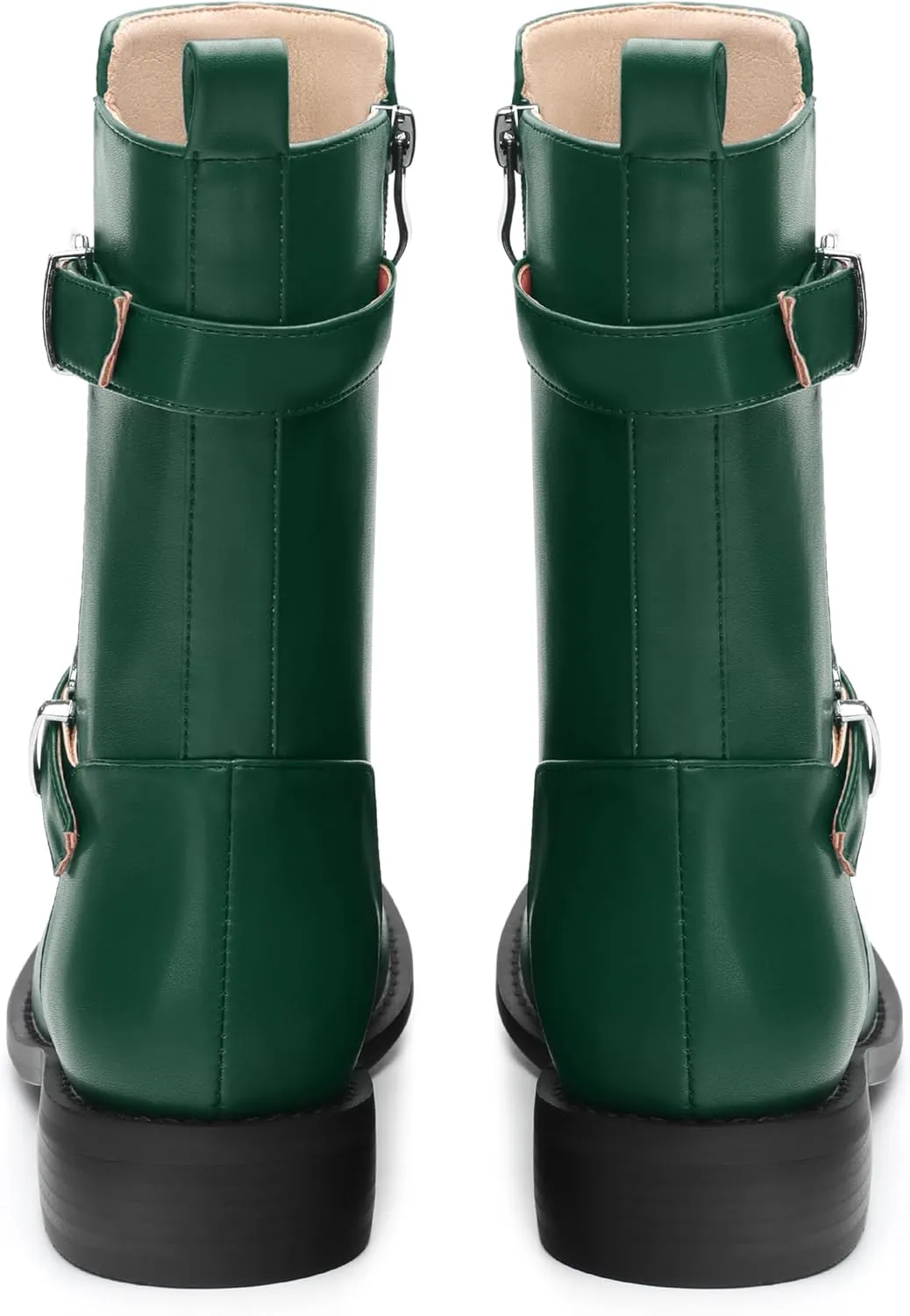 ROSERWISH Mid Calf Boots for Women Riding Ankle Boots Round Toe Low Chunky Heel Short Boots Fashion Fall Winter Combat Booties Buckle Style Dress Boots with Zipper