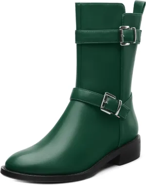 ROSERWISH Mid Calf Boots for Women Riding Ankle Boots Round Toe Low Chunky Heel Short Boots Fashion Fall Winter Combat Booties Buckle Style Dress Boots with Zipper