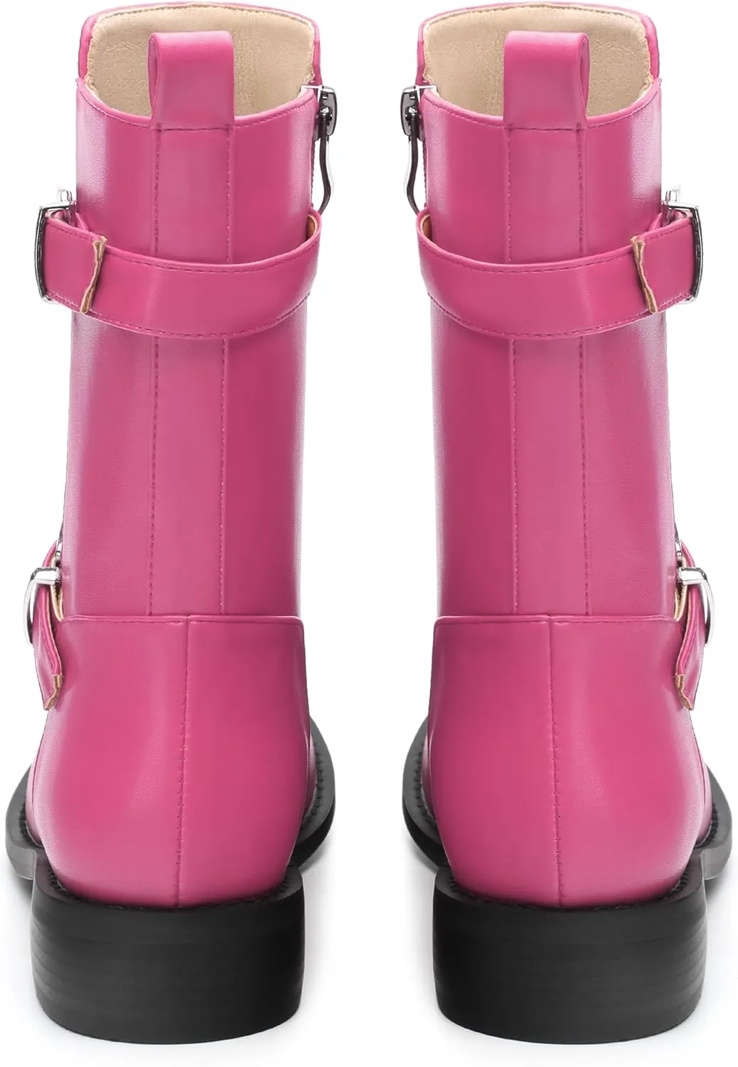 ROSERWISH Mid Calf Boots for Women Riding Ankle Boots Round Toe Low Chunky Heel Short Boots Fashion Fall Winter Combat Booties Buckle Style Dress Boots with Zipper