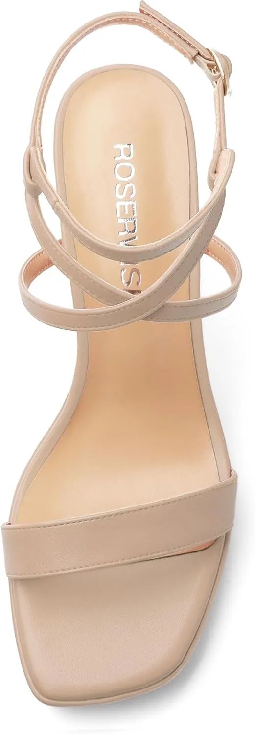 ROSERWISH Platform Heels for Women Strappy High Heel Sandals Square Open Toe Chunky Heels Ankle Strap Womens Wedding Party Dress Shoes