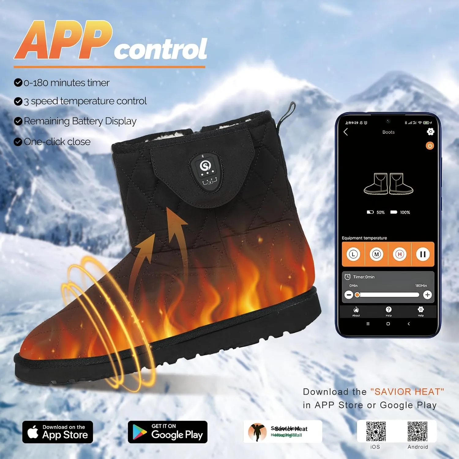 SAVIOR HEAT Heated Foot Warmer with App Control,7.4V Electric Heated Snow Boots for Men Women,Heated Shoes Slippers for Winter Skiing Fishing