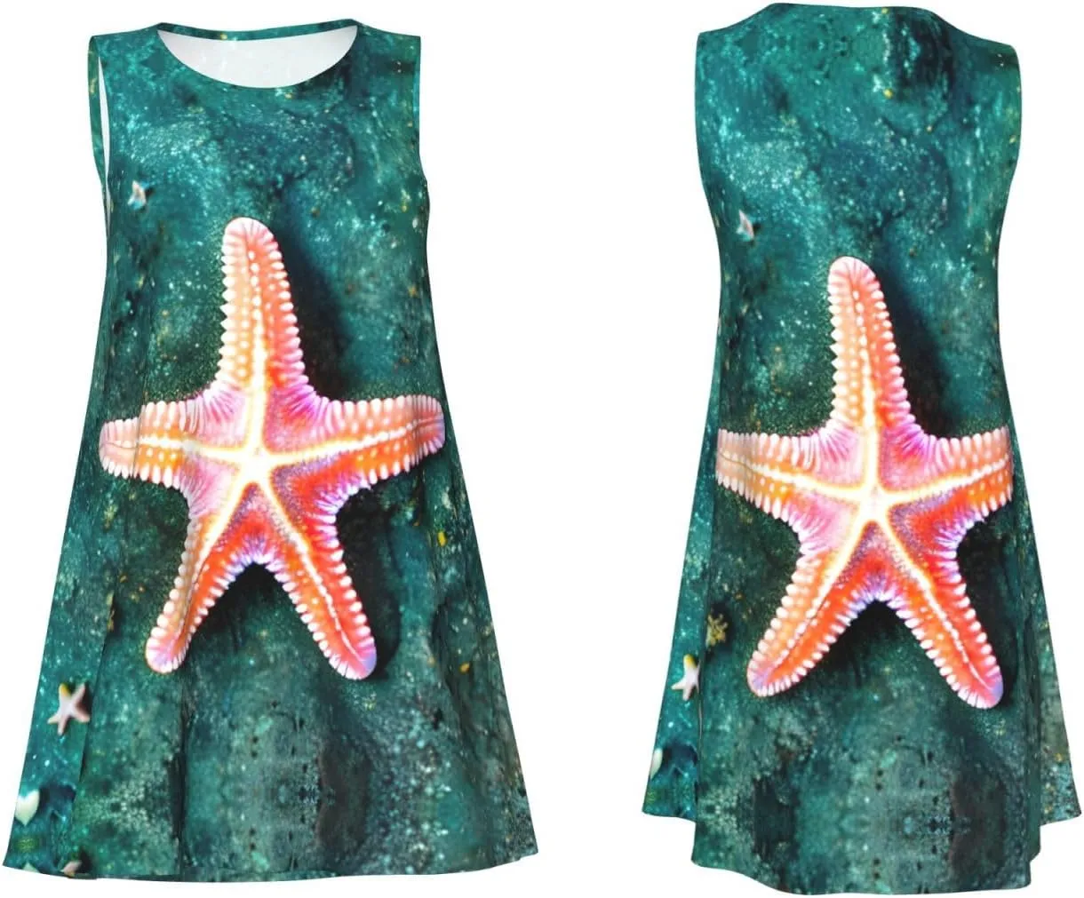 Seawater Seashell Starfish Print Womens Summer Dresses Loose Round Neck Sleeveless Sundresses Dress with Pockets