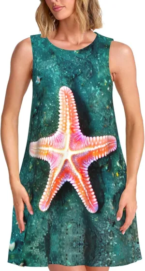 Seawater Seashell Starfish Print Womens Summer Dresses Loose Round Neck Sleeveless Sundresses Dress with Pockets