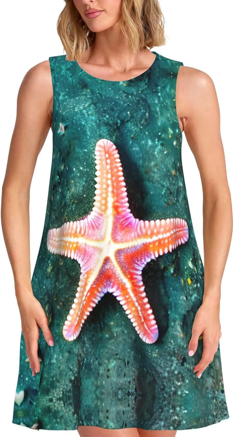 Seawater Seashell Starfish Print Womens Summer Dresses Loose Round Neck Sleeveless Sundresses Dress with Pockets