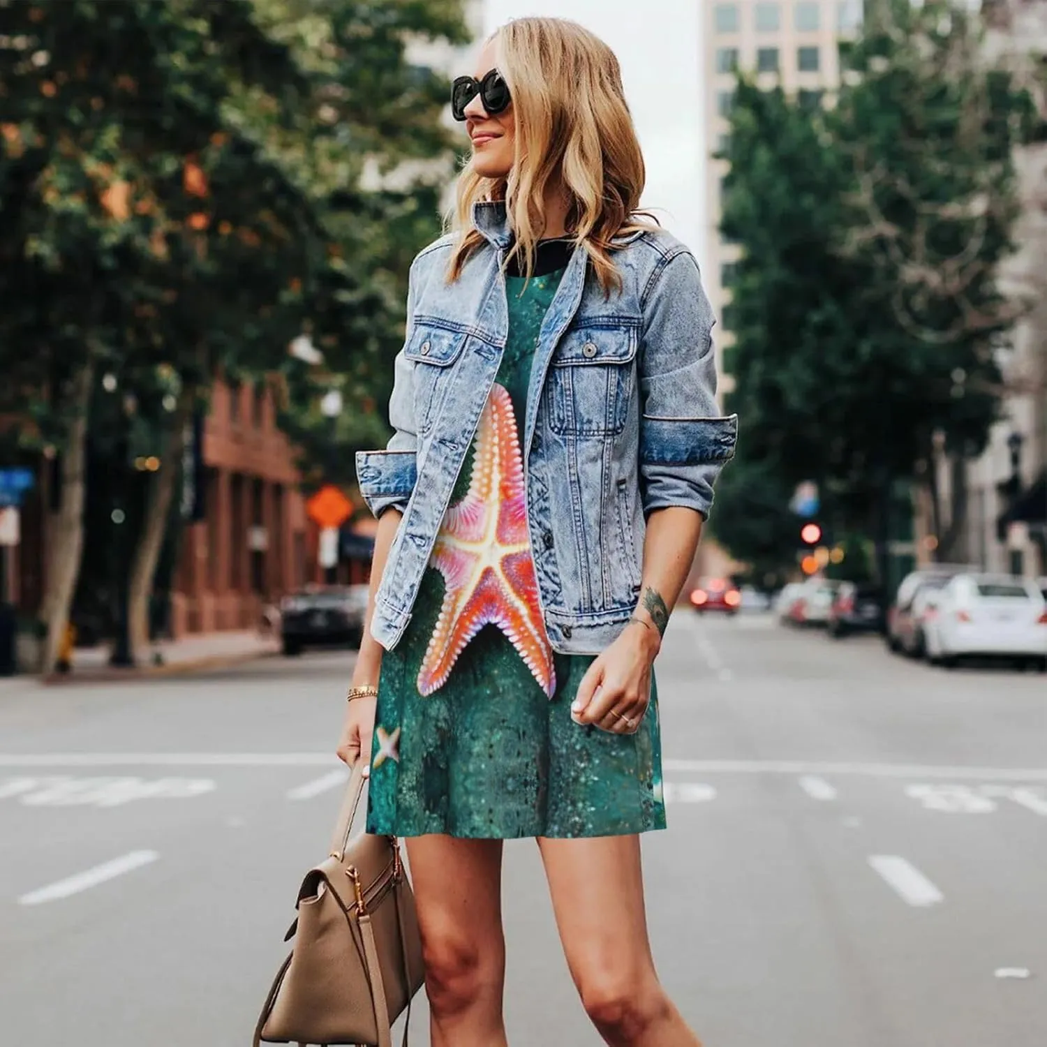 Seawater Seashell Starfish Print Womens Summer Dresses Loose Round Neck Sleeveless Sundresses Dress with Pockets