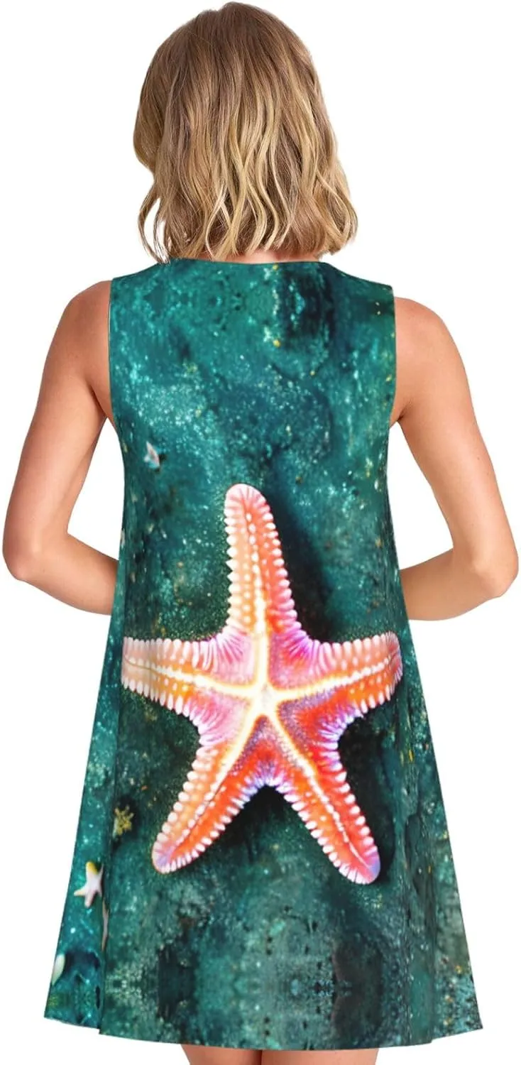 Seawater Seashell Starfish Print Womens Summer Dresses Loose Round Neck Sleeveless Sundresses Dress with Pockets