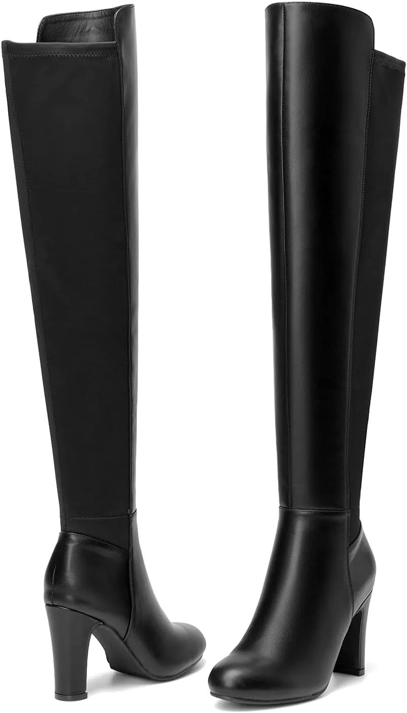 SelenePair Women's Over The Knee Boots Stretch Thigh High Block Mid Heel Boot Fashion Side Zip Winter Boots