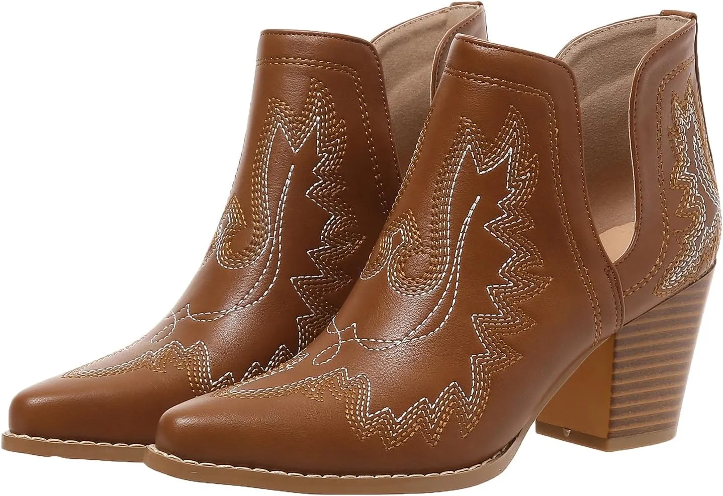 SelRoys Cowboy Boots for Women Cowgirl Ankle Western Embroidered Stitched Pointed Toe Cutout Chunky Heels Short Booties Red Brown Black US5-11