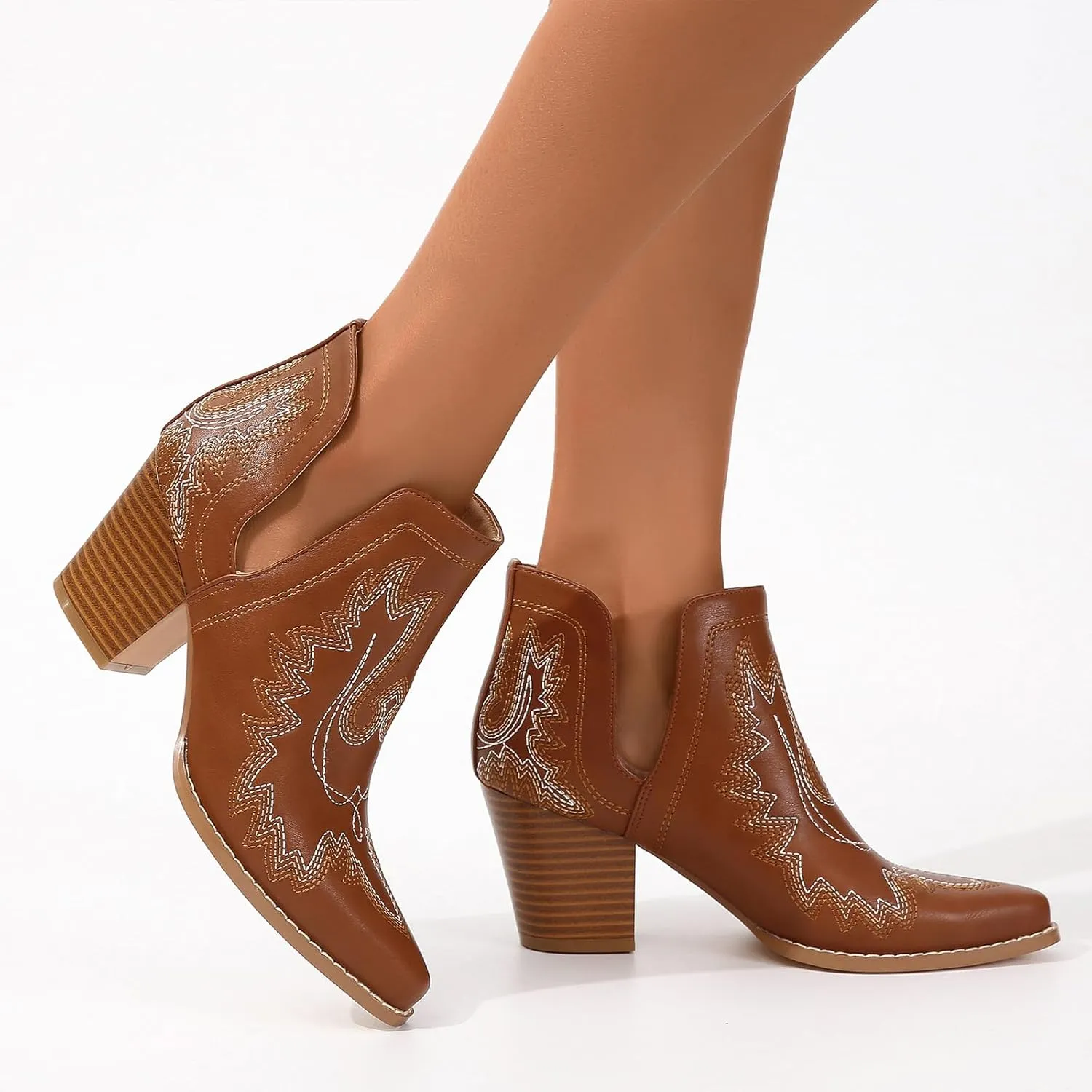 SelRoys Cowboy Boots for Women Cowgirl Ankle Western Embroidered Stitched Pointed Toe Cutout Chunky Heels Short Booties Red Brown Black US5-11
