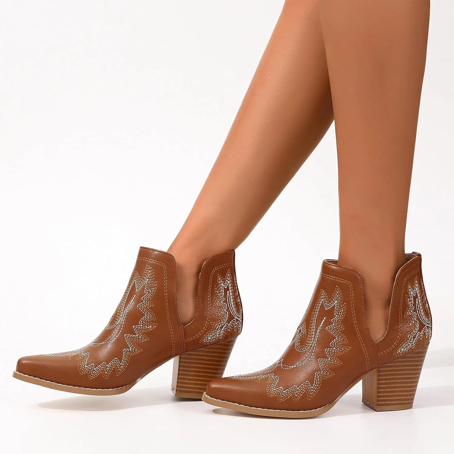 SelRoys Cowboy Boots for Women Cowgirl Ankle Western Embroidered Stitched Pointed Toe Cutout Chunky Heels Short Booties Red Brown Black US5-11