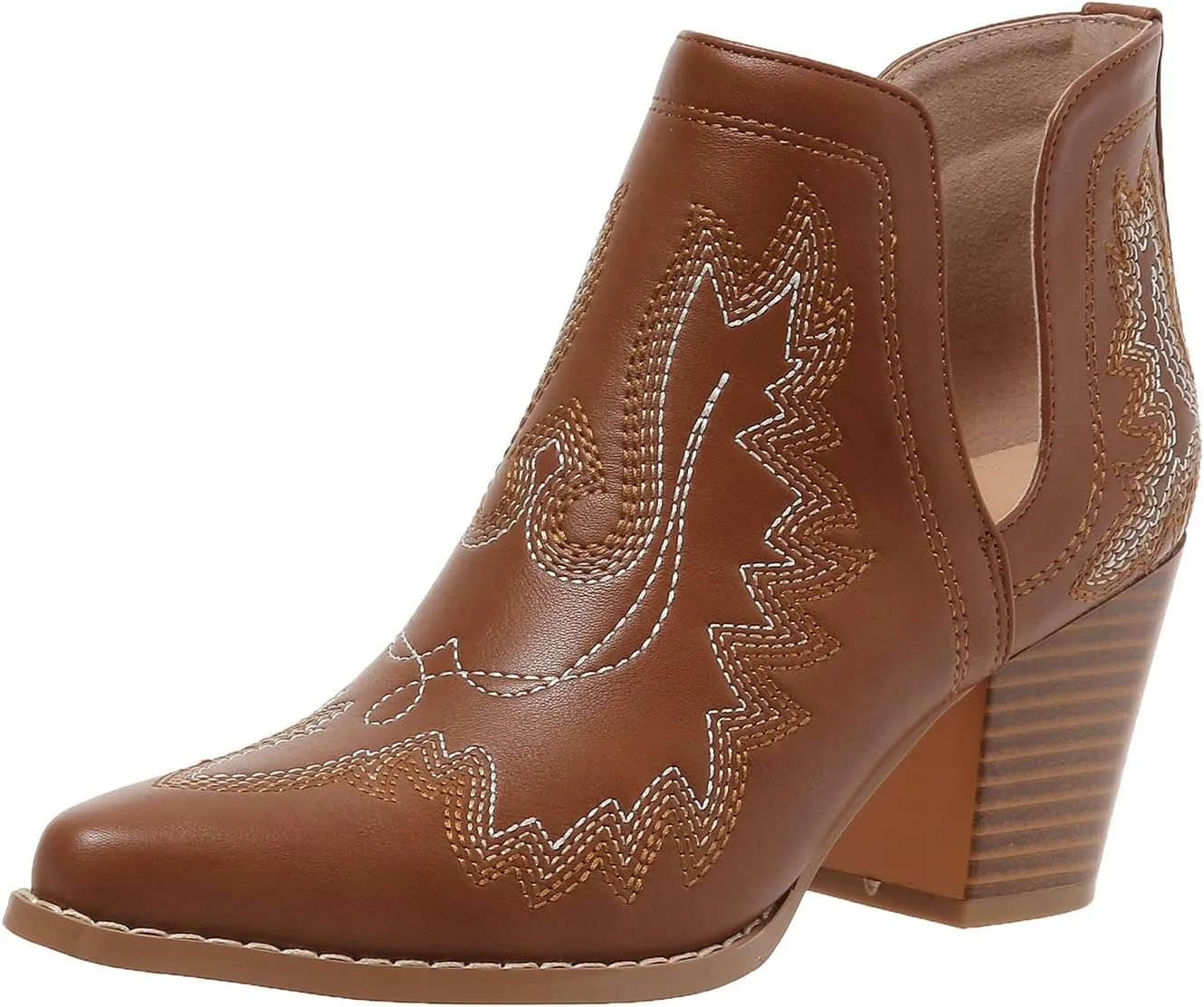 SelRoys Cowboy Boots for Women Cowgirl Ankle Western Embroidered Stitched Pointed Toe Cutout Chunky Heels Short Booties Red Brown Black US5-11