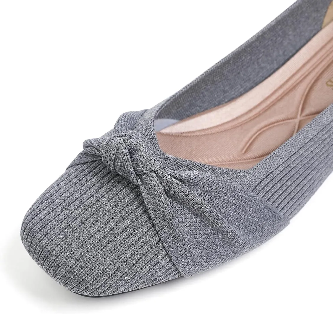 SemwissWomen Ballet Flats Square Toe Comfortable Dressy Slip on mesh Knitted Flat with Bow Office Shoes.