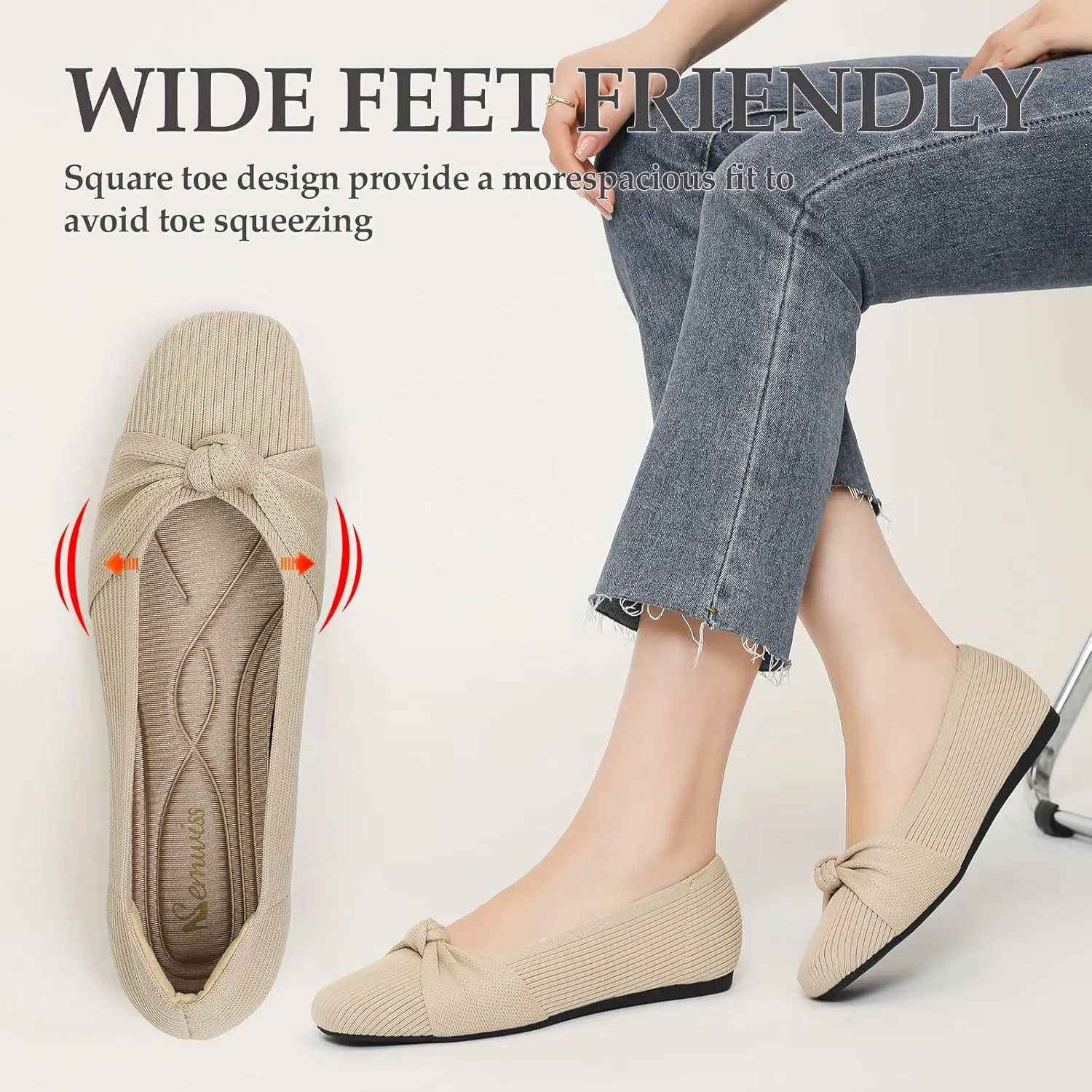 SemwissWomen Ballet Flats Square Toe Comfortable Dressy Slip on mesh Knitted Flat with Bow Office Shoes.