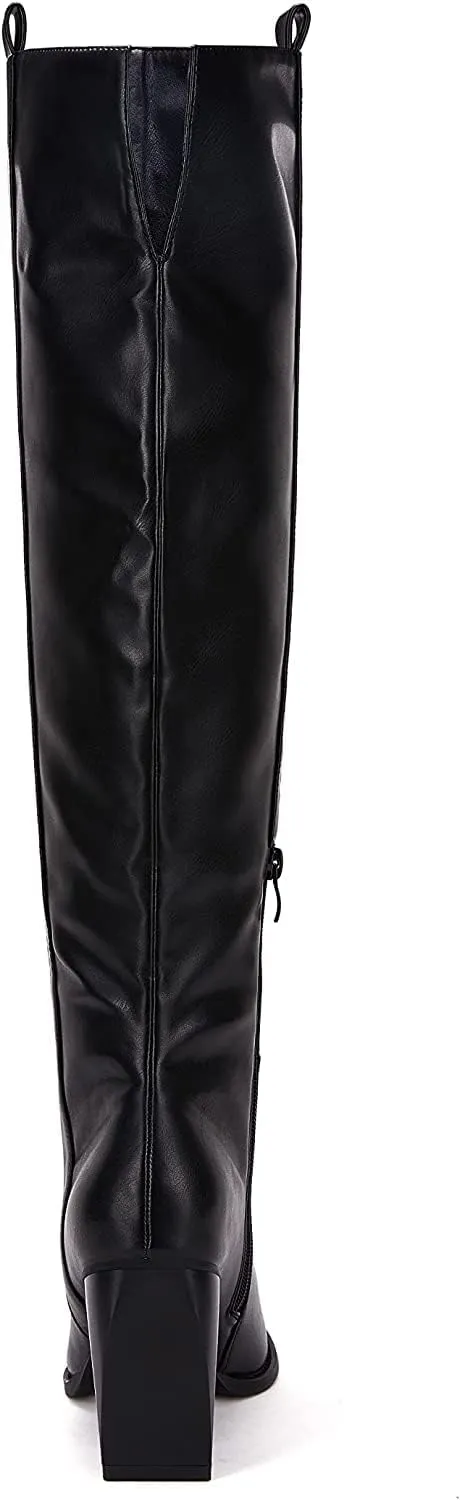 SERAIH Womens Over The Knee Thigh High Boots Faux Suede Pointed Toe Side Zipper Chunky Block Heel Stretch Boots