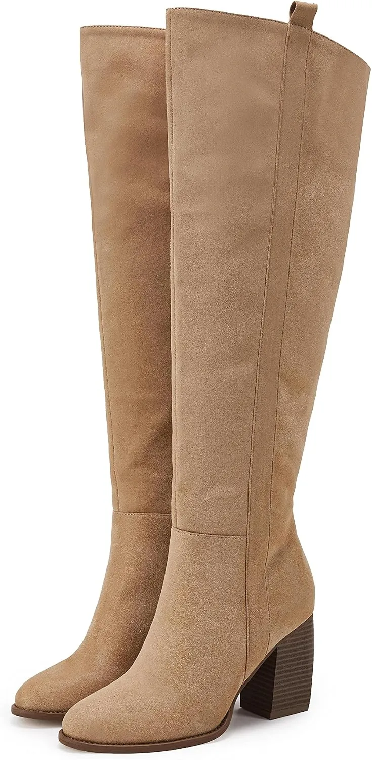 SERAIH Womens Over The Knee Thigh High Boots Faux Suede Pointed Toe Side Zipper Chunky Block Heel Stretch Boots