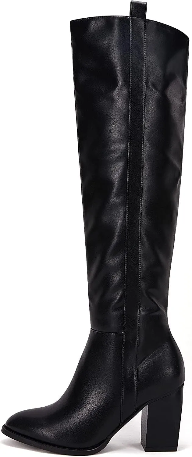 SERAIH Womens Over The Knee Thigh High Boots Faux Suede Pointed Toe Side Zipper Chunky Block Heel Stretch Boots