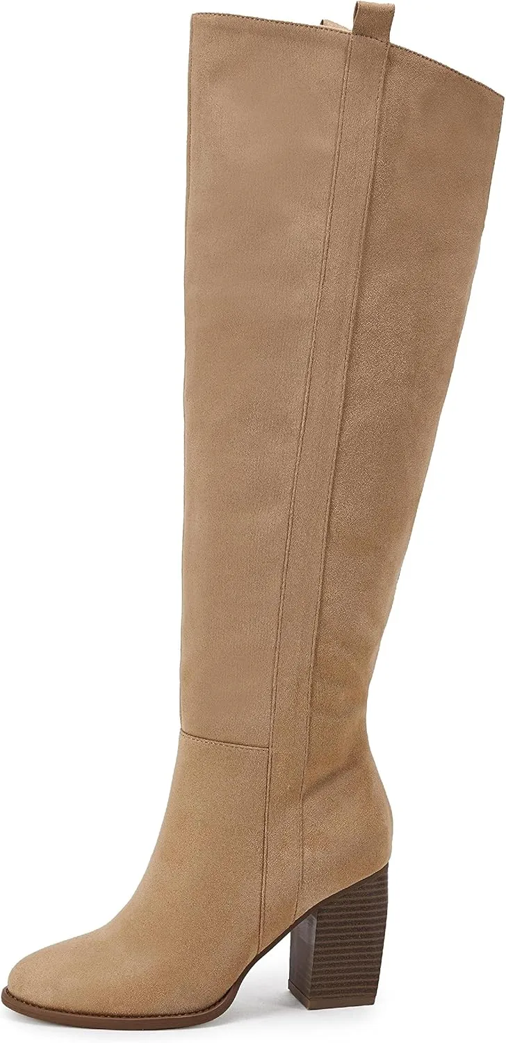 SERAIH Womens Over The Knee Thigh High Boots Faux Suede Pointed Toe Side Zipper Chunky Block Heel Stretch Boots