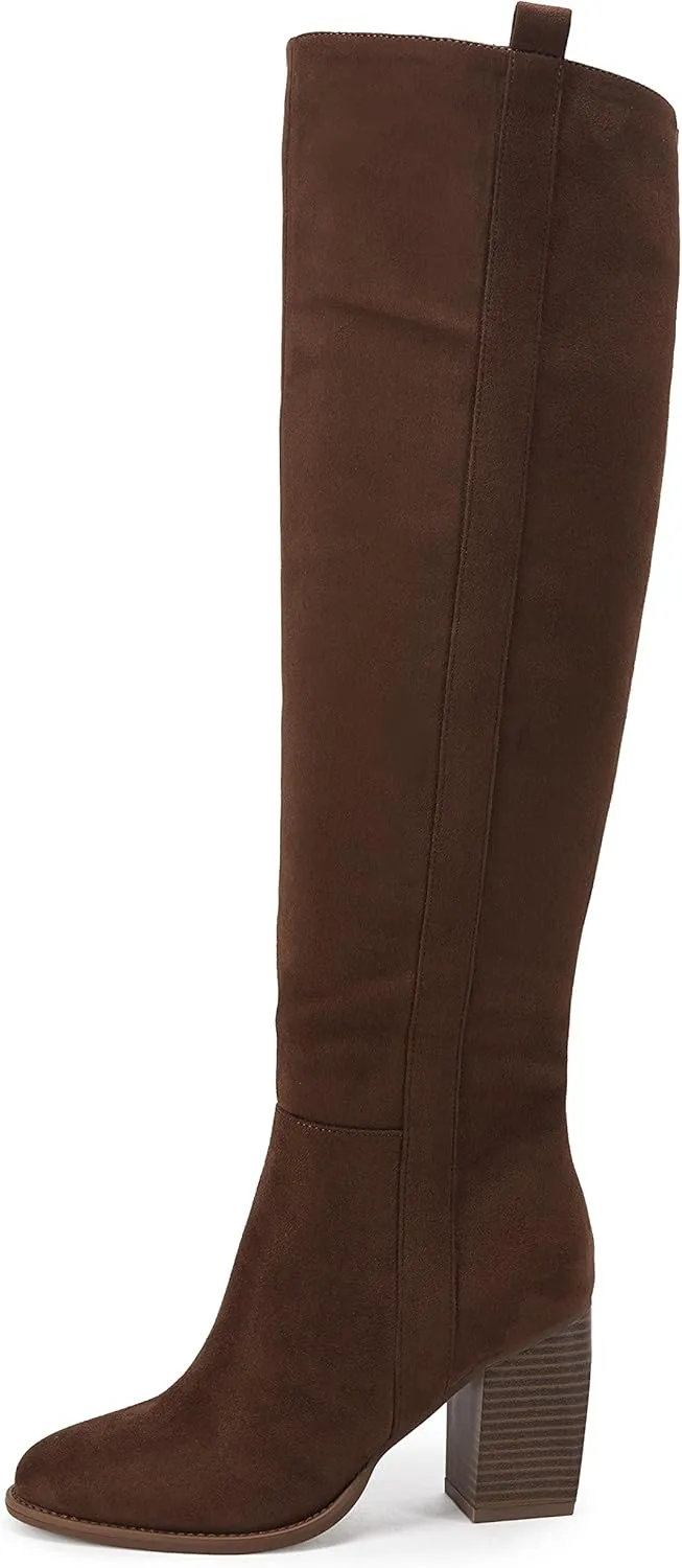 SERAIH Womens Over The Knee Thigh High Boots Faux Suede Pointed Toe Side Zipper Chunky Block Heel Stretch Boots