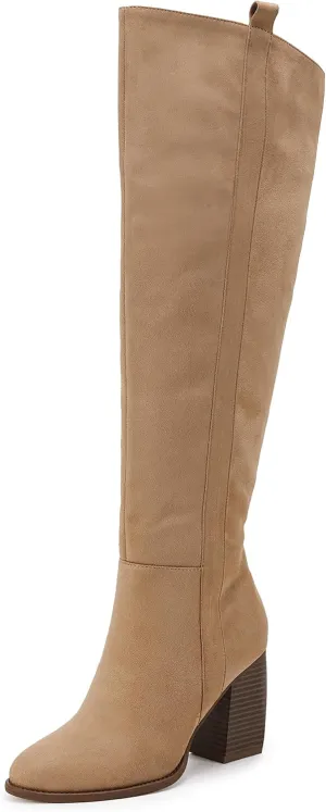 SERAIH Womens Over The Knee Thigh High Boots Faux Suede Pointed Toe Side Zipper Chunky Block Heel Stretch Boots