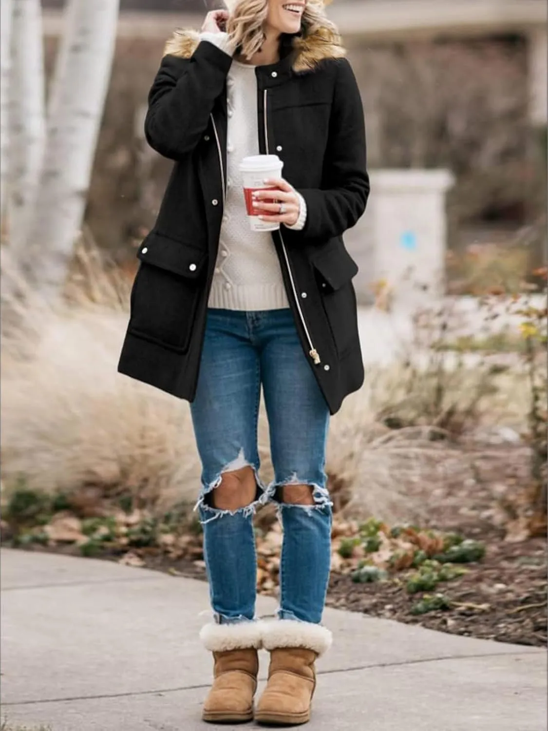 Shanfetl Womens Coats Fall Winter Warm Mid Length Pea Coats Elegant Jackets Outwear with Faux Fur Hood