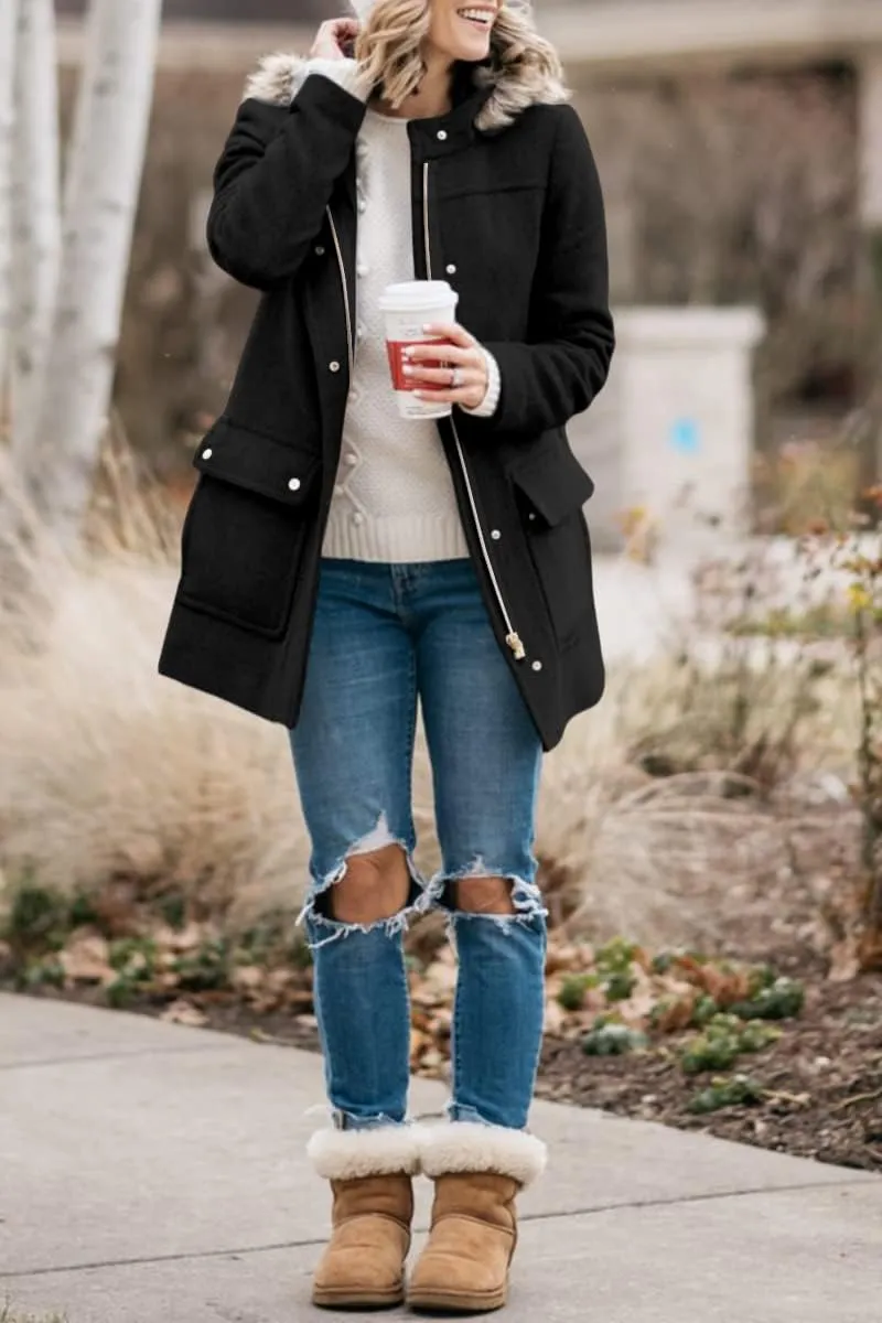 Shanfetl Womens Coats Fall Winter Warm Mid Length Pea Coats Elegant Jackets Outwear with Faux Fur Hood