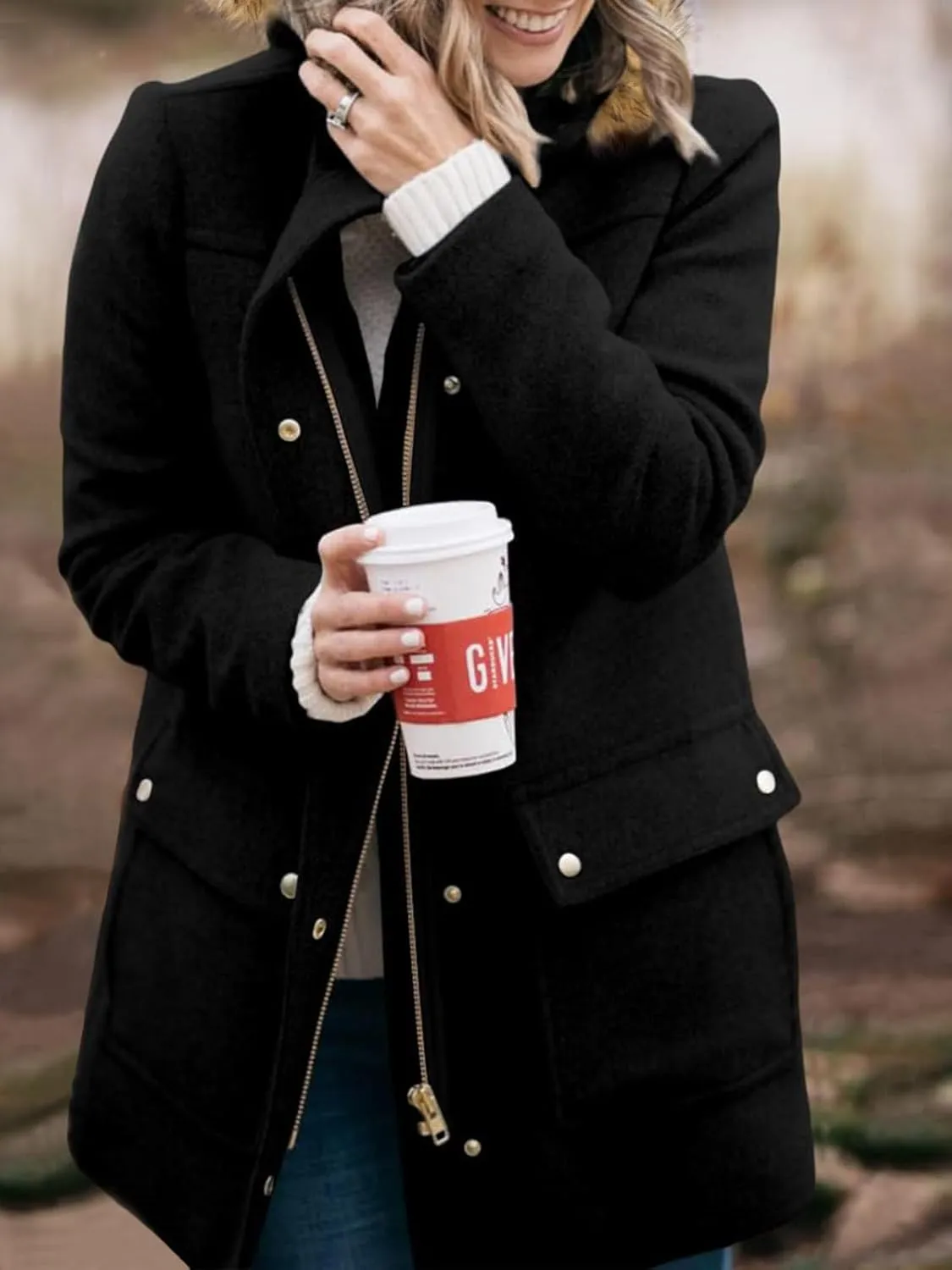 Shanfetl Womens Coats Fall Winter Warm Mid Length Pea Coats Elegant Jackets Outwear with Faux Fur Hood