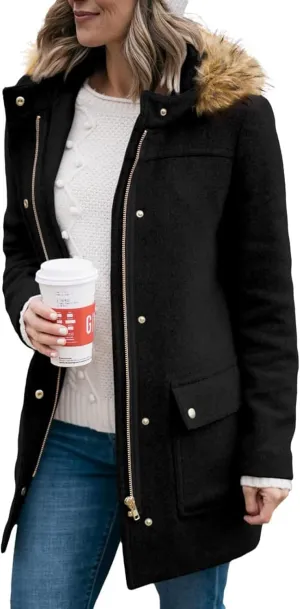 Shanfetl Womens Coats Fall Winter Warm Mid Length Pea Coats Elegant Jackets Outwear with Faux Fur Hood