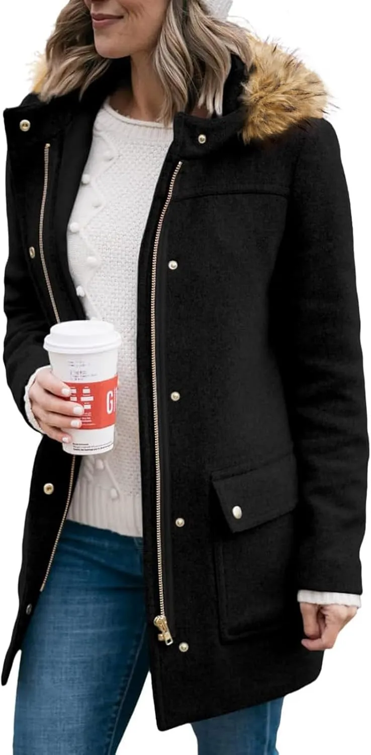 Shanfetl Womens Coats Fall Winter Warm Mid Length Pea Coats Elegant Jackets Outwear with Faux Fur Hood