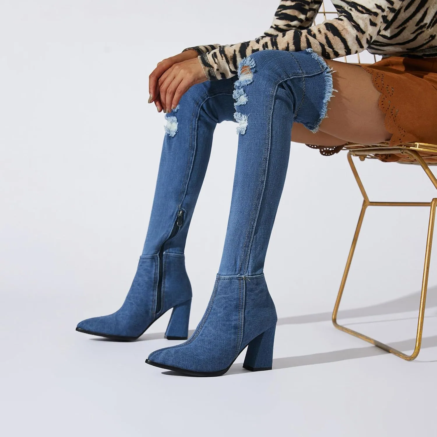 SHEMEE Chunky High Heels Denim Boot for Women Pointy Toe Block Heeled Dress Jeans Boots