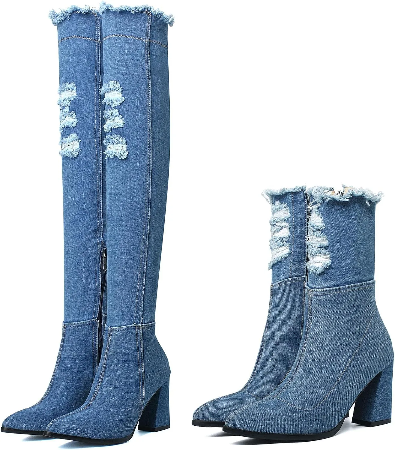 SHEMEE Chunky High Heels Denim Boot for Women Pointy Toe Block Heeled Dress Jeans Boots
