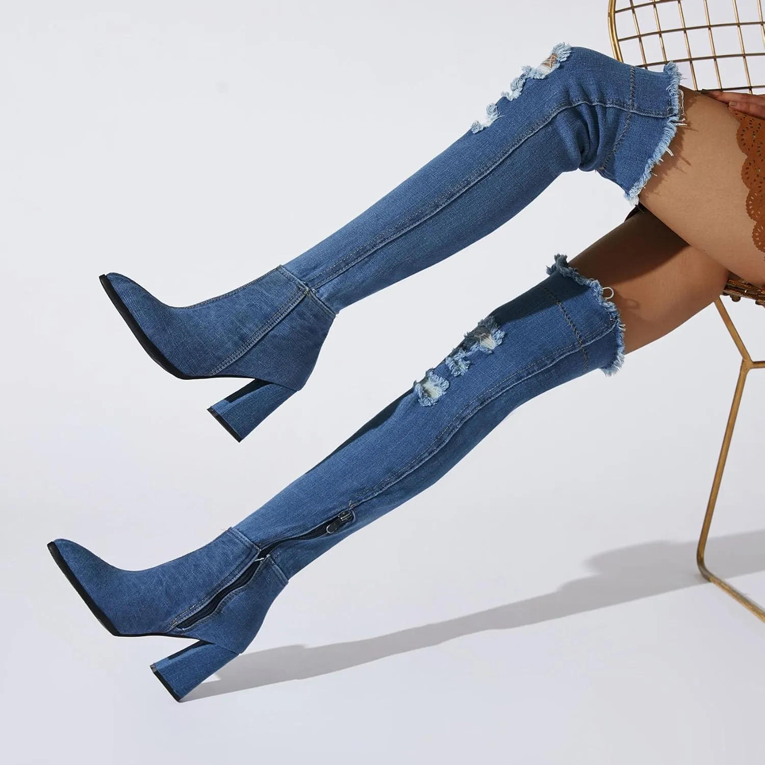 SHEMEE Chunky High Heels Denim Boot for Women Pointy Toe Block Heeled Dress Jeans Boots