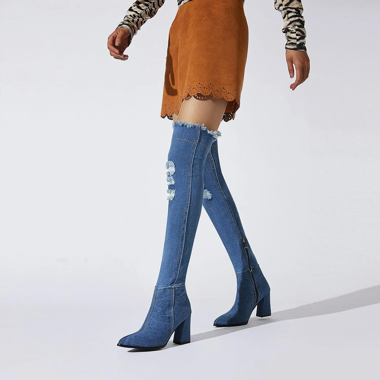 SHEMEE Chunky High Heels Denim Boot for Women Pointy Toe Block Heeled Dress Jeans Boots
