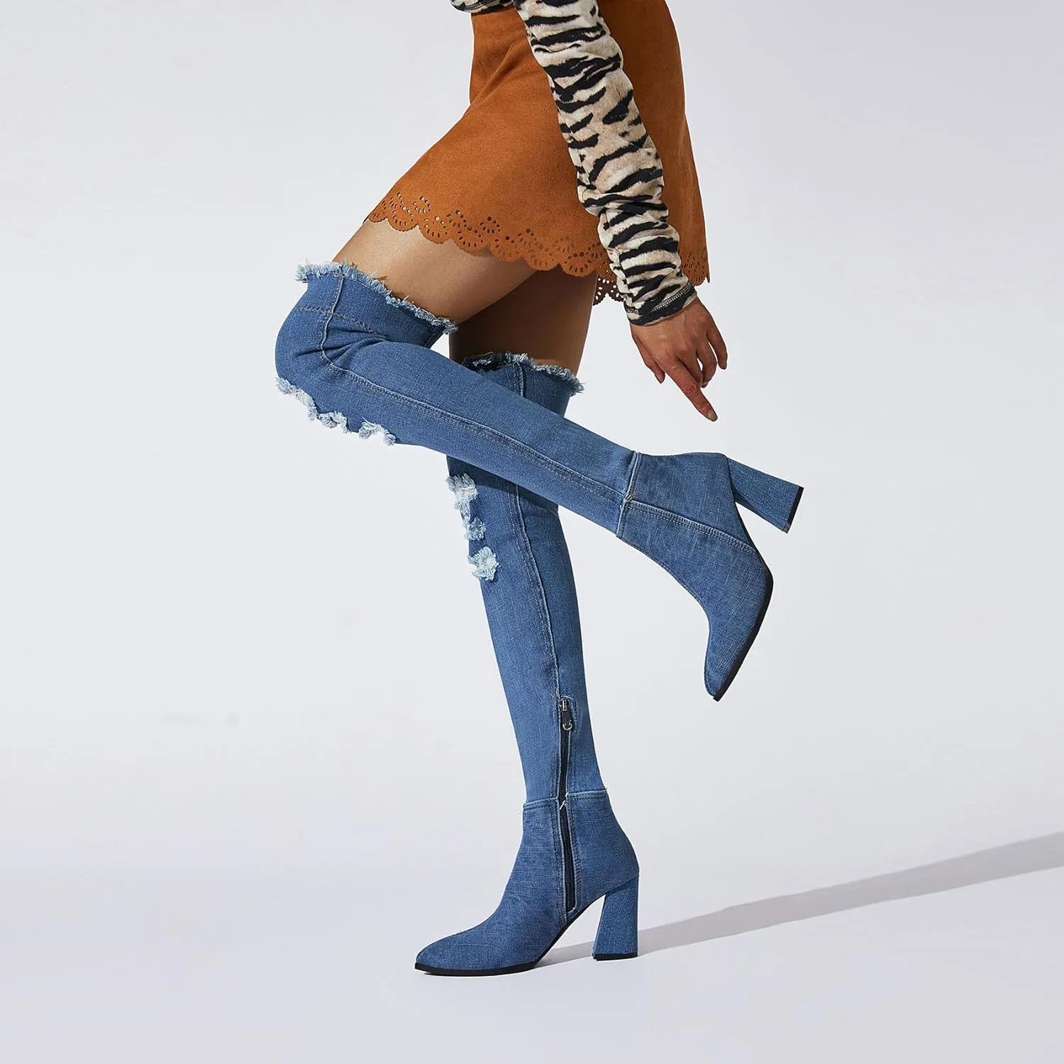 SHEMEE Chunky High Heels Denim Boot for Women Pointy Toe Block Heeled Dress Jeans Boots