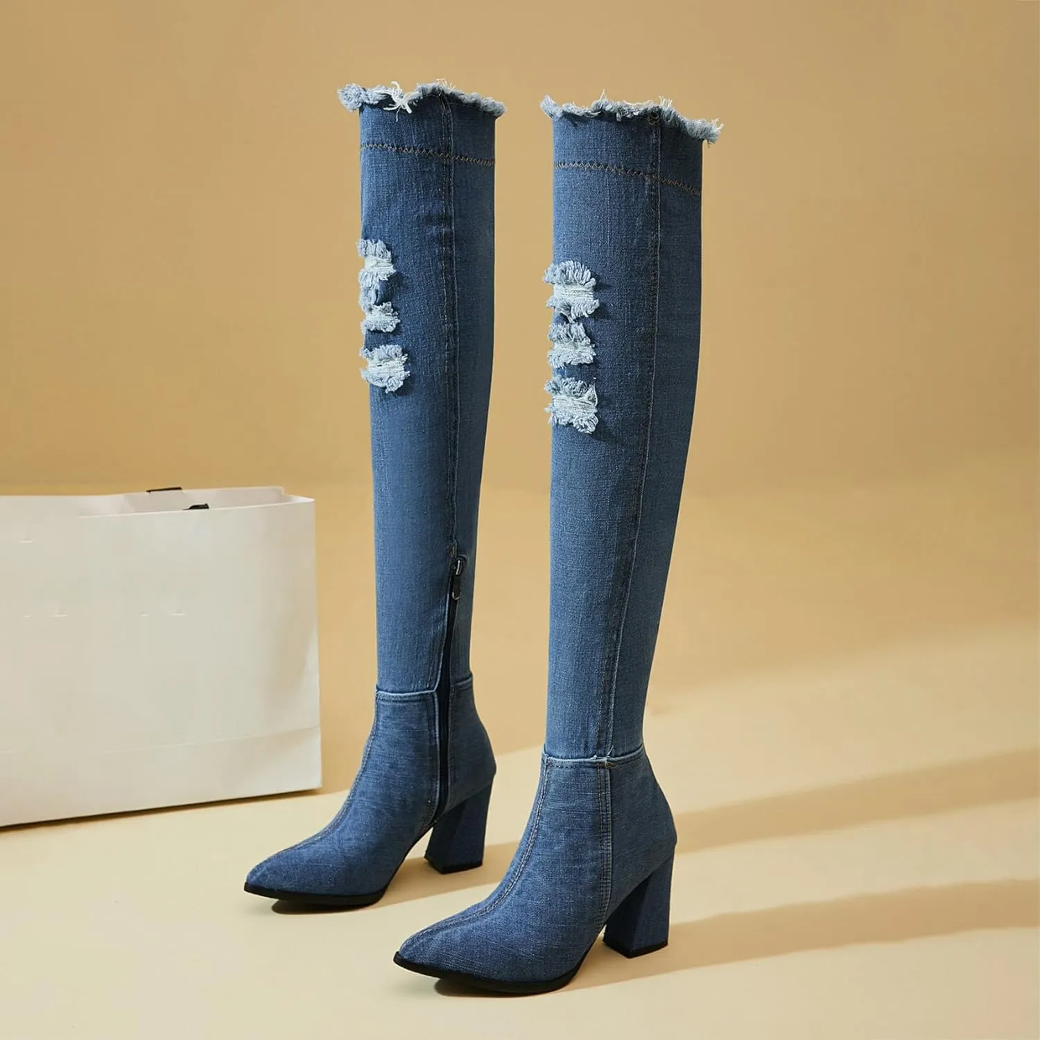 SHEMEE Chunky High Heels Denim Boot for Women Pointy Toe Block Heeled Dress Jeans Boots