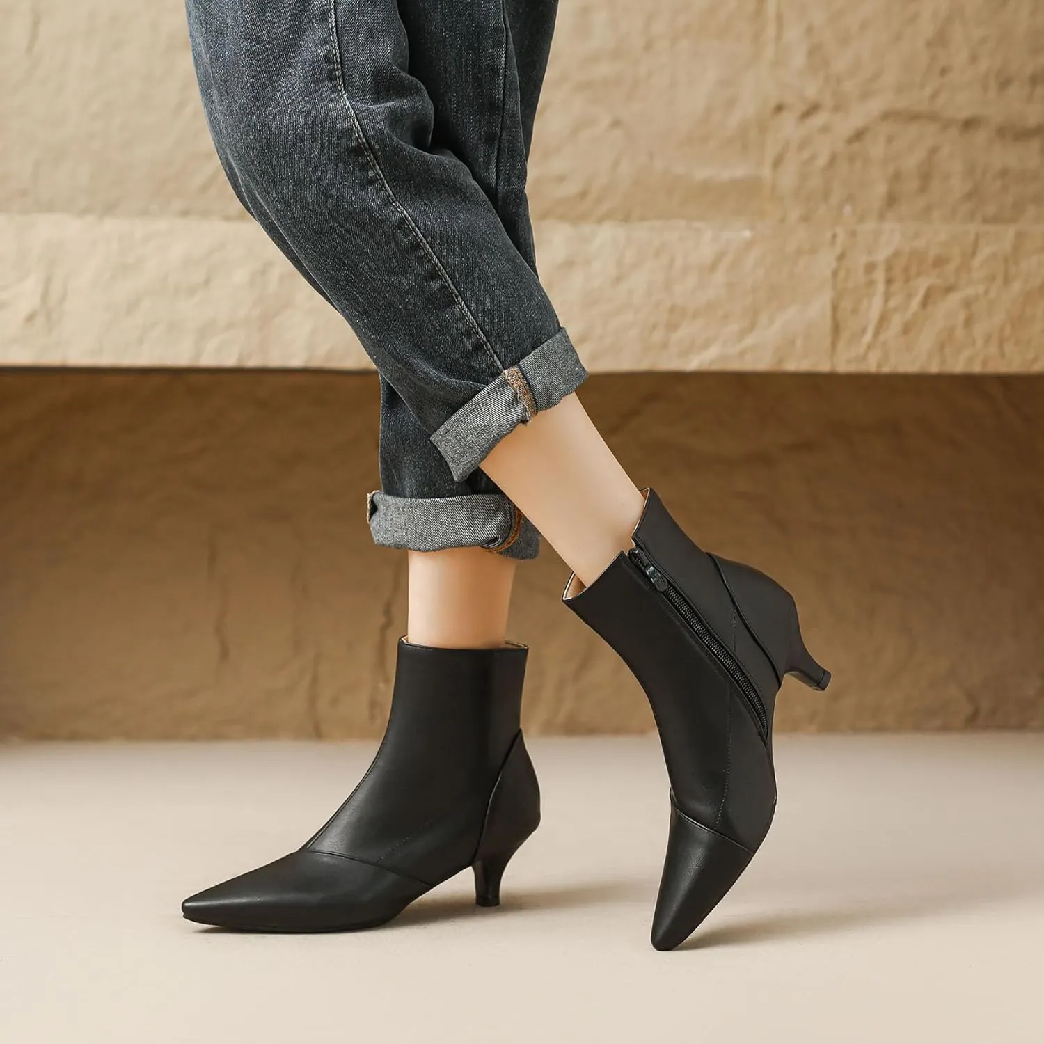 SHEMEE Fashion Womens Kitten Heels Ankle Boots Sexy Pointy Toe Booties Mid Heels Zipper Work Party Dress Shoes