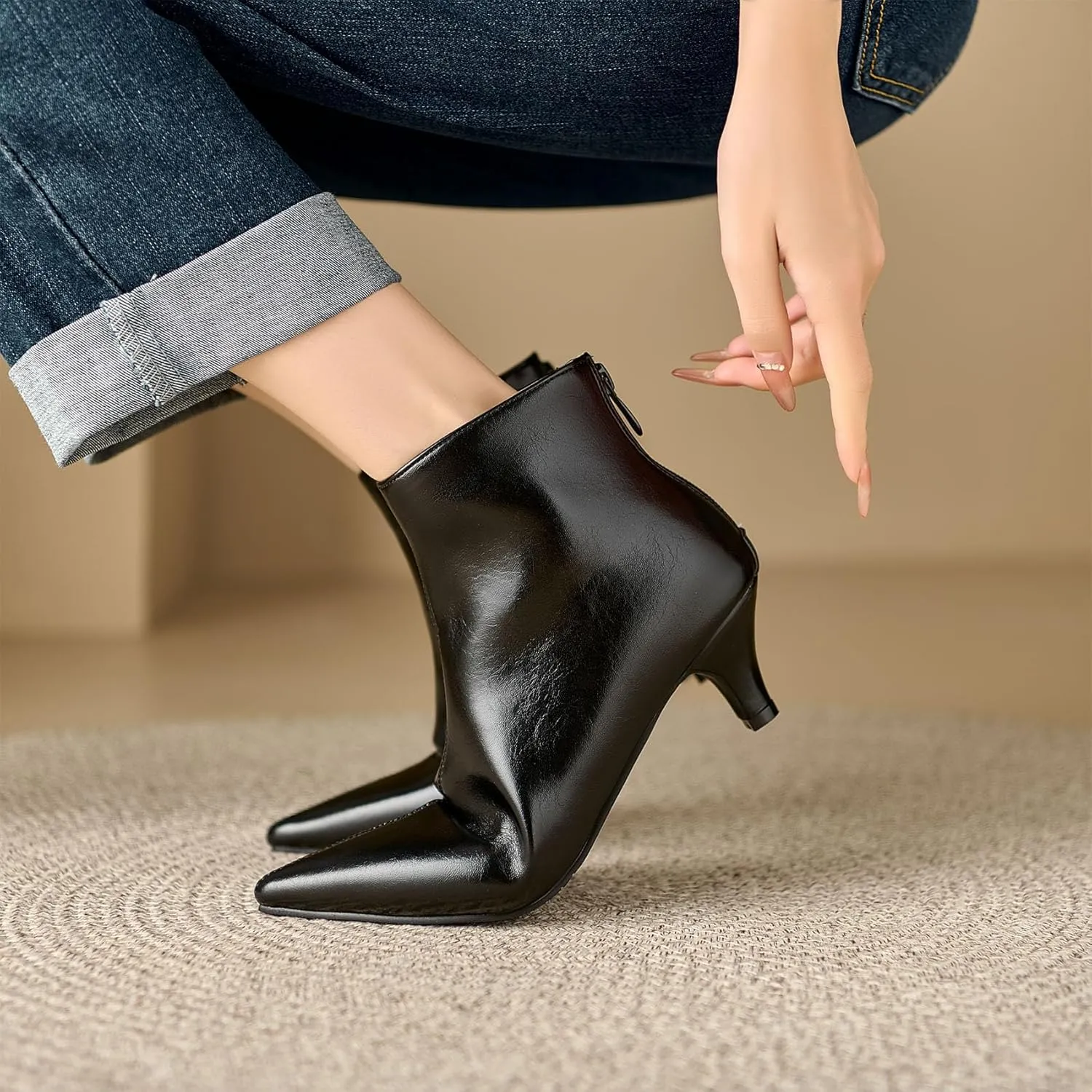 SHEMEE Fashion Womens Kitten Heels Ankle Boots Sexy Pointy Toe Booties Mid Heels Zipper Work Party Dress Shoes