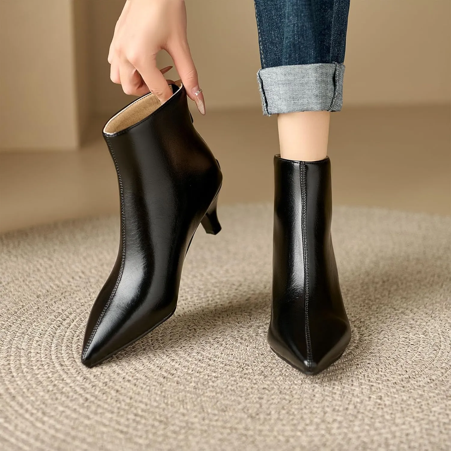 SHEMEE Fashion Womens Kitten Heels Ankle Boots Sexy Pointy Toe Booties Mid Heels Zipper Work Party Dress Shoes